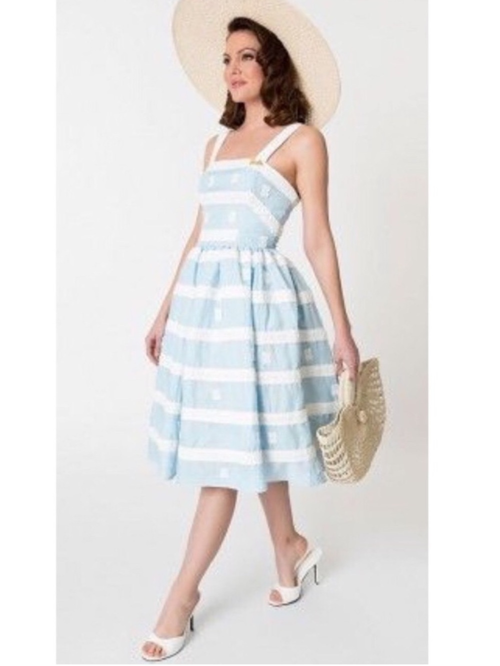 Barbie™ X Unique Vintage Blue & White Suburban Shopper 1959 Retro Sundress Sz 16 - Picture 9 of 12